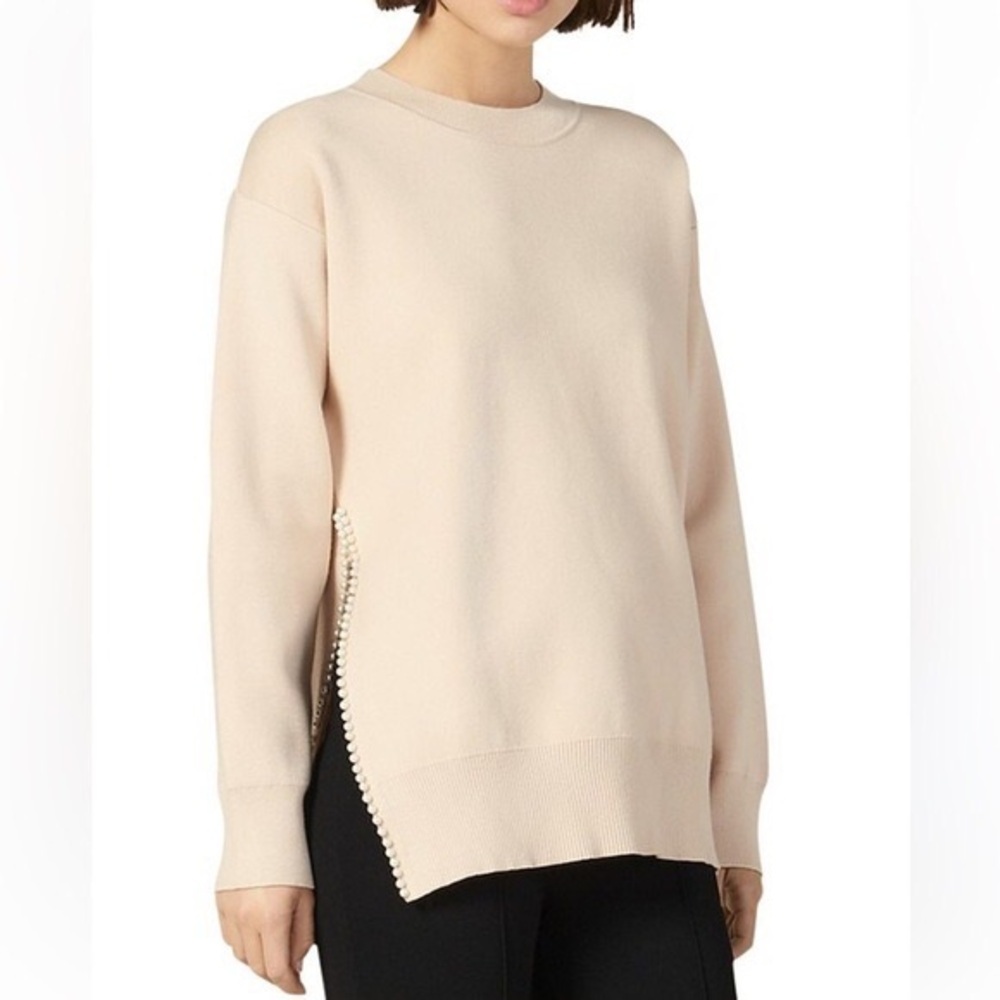 Sandro Paris Cream Crew Neck Sweater with Side Slit pearls​